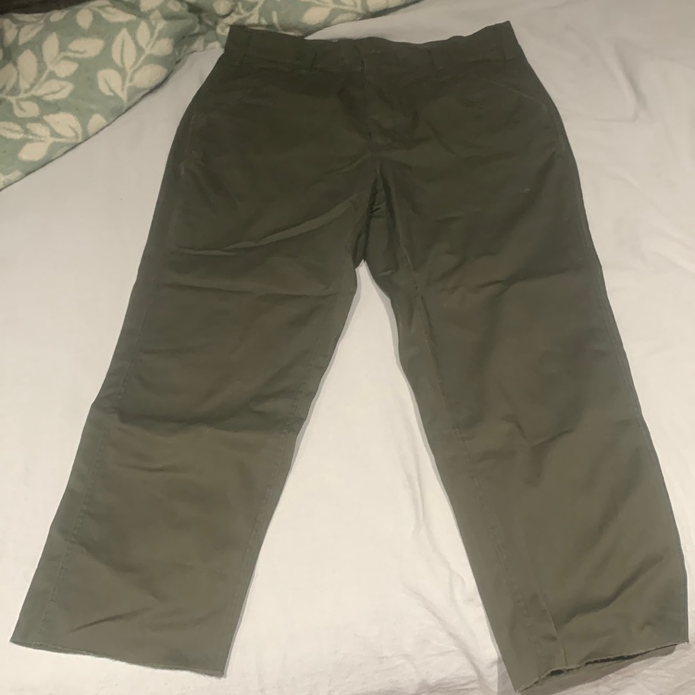 olive green, wide, cut off pants